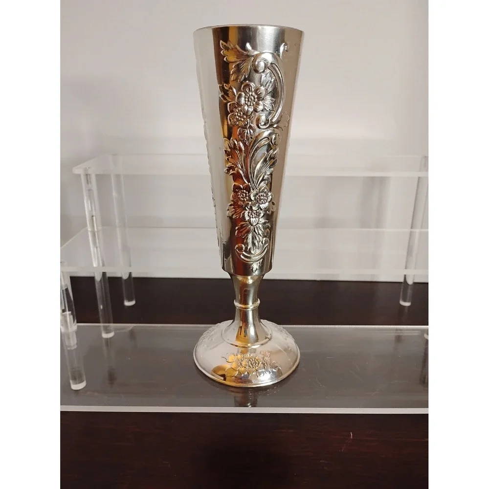 Vintage Delli Inc Silver Plated Champagne Flute Floral Embossed Made inJapan 7in